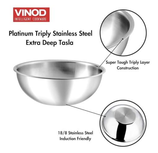 Vinod Platinum Triply Stainless Steel Tasla - 2.5 Litre (24 cm) | 2.5 mm Thick | Steel Tasra Kadai/Kadhai | 5 Year Warranty | Induction & Gas Friendly, Heavy Bottom - Silver - Image 2